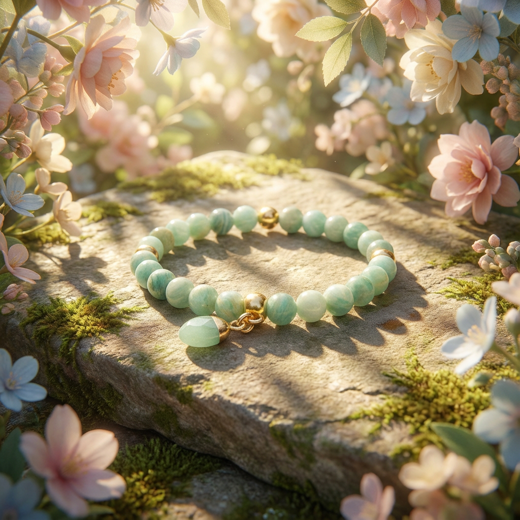 elastische edelsteen armband amazoniet met aventurijn bedel met gouden sierkralen