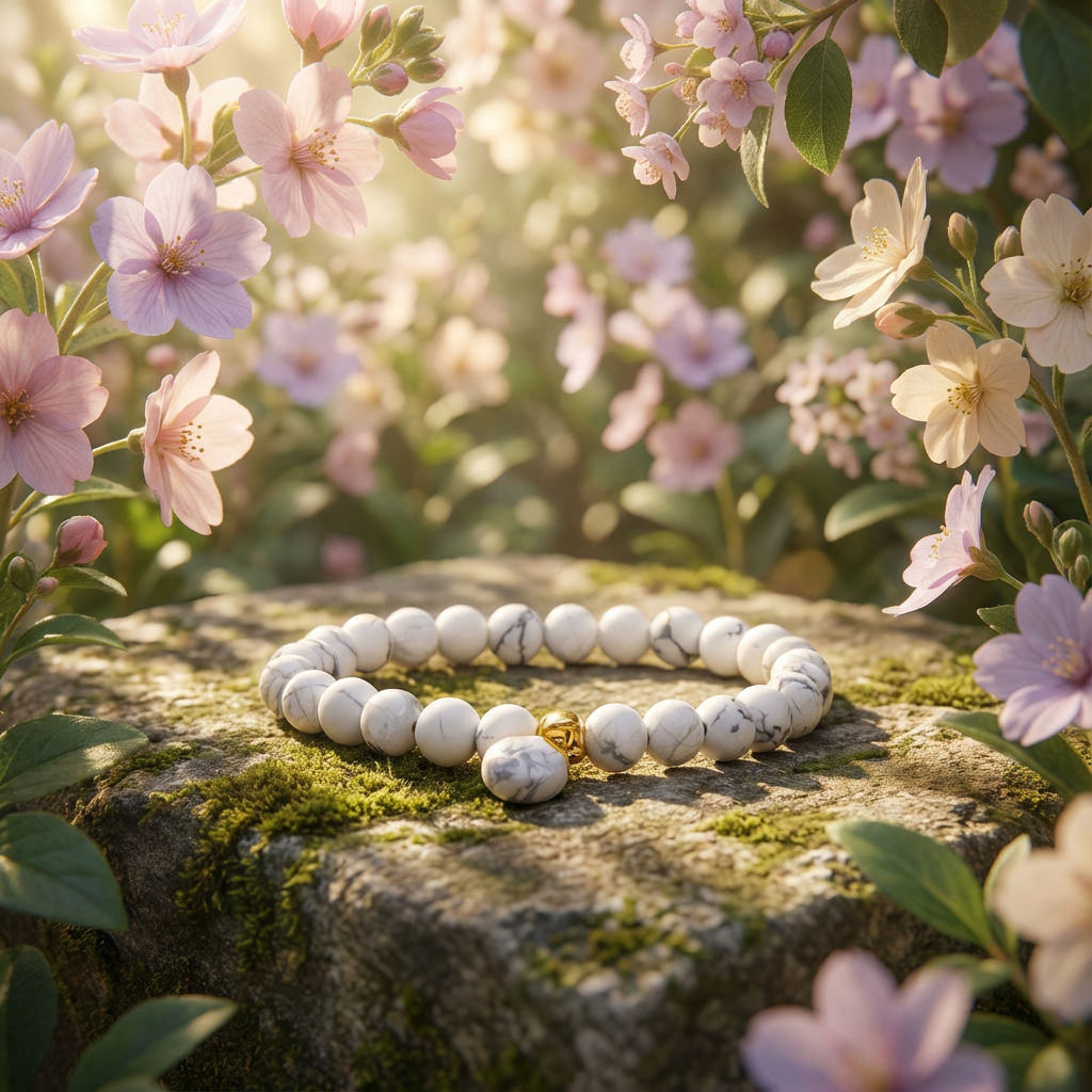 elastische edelsteen armband handgemaakt met 6mm howliet edelsteen kralen en bedel.