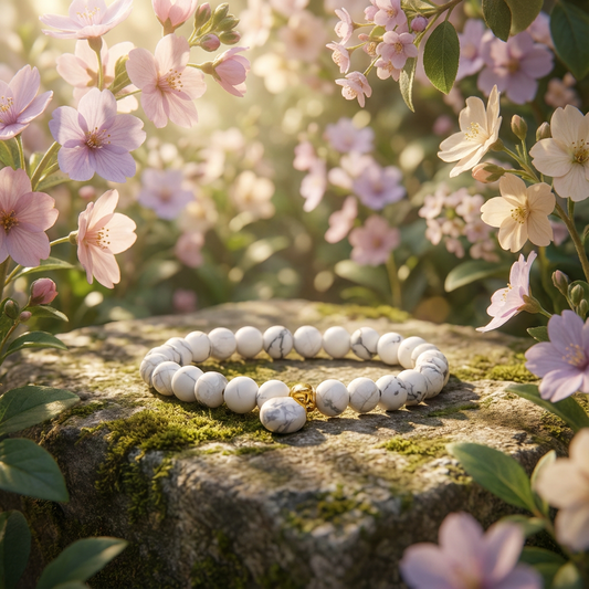 elastische edelsteen armband handgemaakt met 6mm howliet edelsteen kralen en bedel.