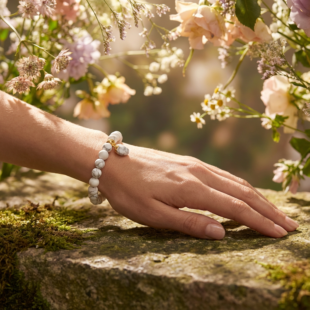 elastische edelsteen armband handgemaakt met 6mm howliet edelsteen kralen en bedel.