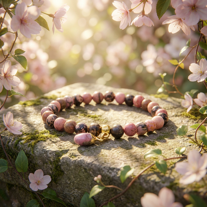 elastische natuurlijke edelsteen armband met 6mm rhodoniet kraal en bedel.