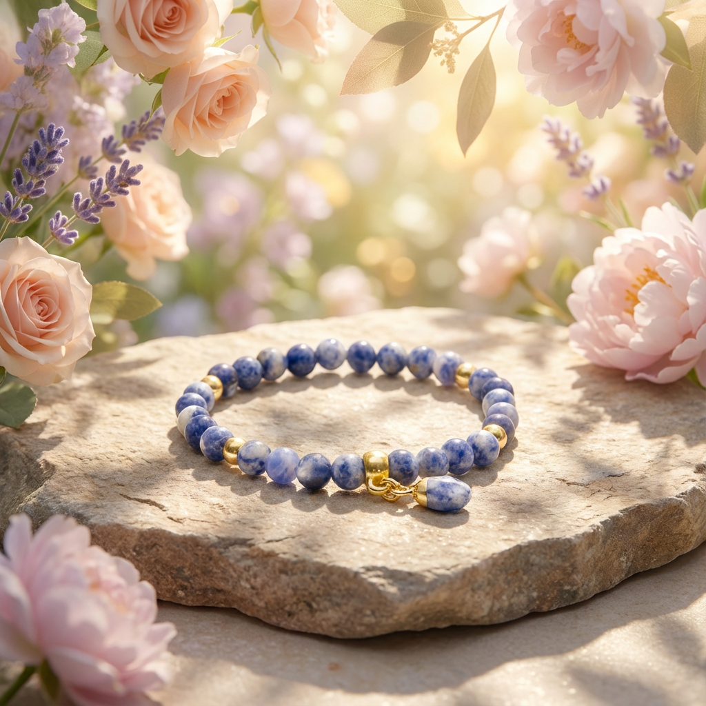 elastische edelsteen armband met 6mm sodaliet kralen en blue spot jaspis bedel met gouden accenten.