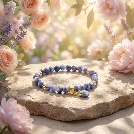 elastische edelsteen armband met 6mm sodaliet kralen en blue spot jaspis bedel met gouden accenten.
