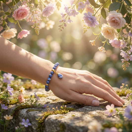 elastische edelsteen armband met 6mm sodaliet kralen en blue spot jaspis bedel met gouden accenten.