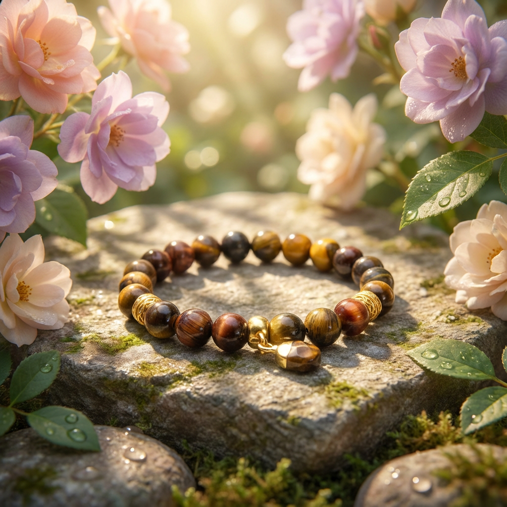 elastische edelsteen armband met 8mm tijgeroog kraal en bedel met gouden bewerkte kralen