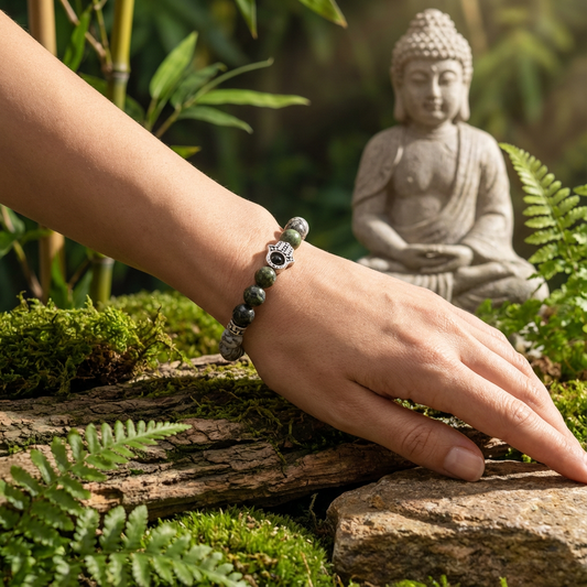elastische edelsteen armband met hand van khamso/hamsa met 8mm edelstenen kambaba en picasso jaspis en rvs spacer
