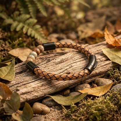 Lederen edelsteen armband met zwarte sluiting en 8mm aqua terra jaspis