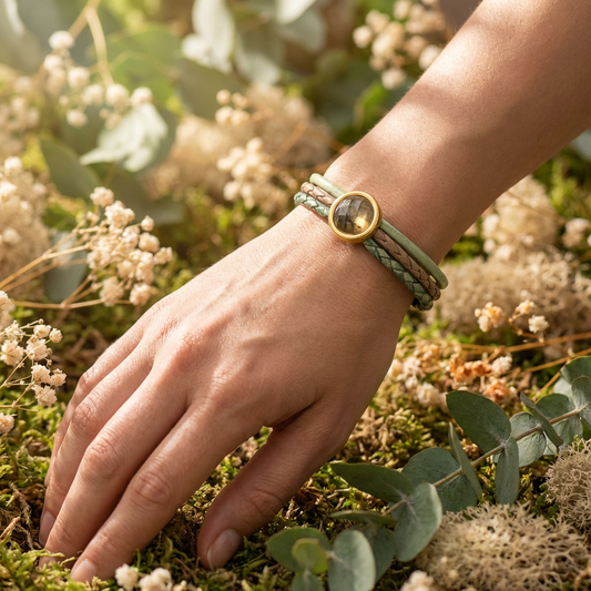 Hoge kwaliteit leren edelsteen armband met 12mm labradoriet cabochon en gouden magneetsluiting.