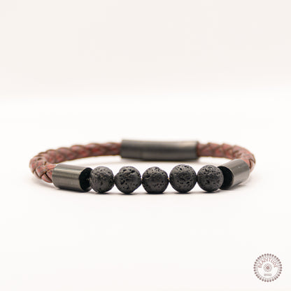 Leren edelsteen armband van rood leer met zwarte lava steen edelsteen kraal van 8mm met zwarte sluiting