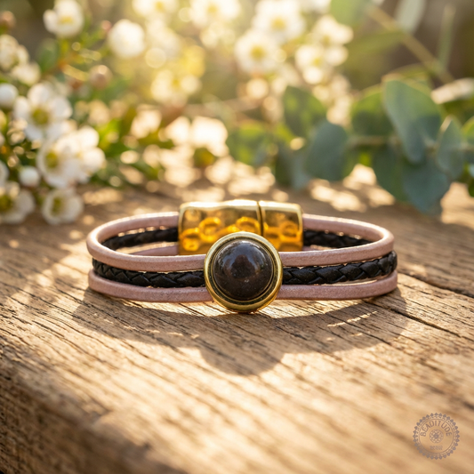 Leather&Stone edelsteen armband met leren bandjes en 12mm agaat cabochon en gouden magneetsluiting.