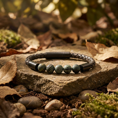 Leather&Stone 8mm kamaba jaspis met donker bruin leer en zwarte sluiting