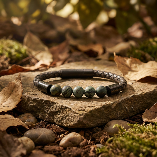 Leather&Stone 8mm kamaba jaspis met donker bruin leer en zwarte sluiting