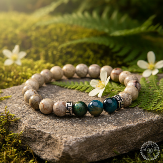 elastische edelsteen armband met rvs spacers, bruine regen jaspis en blauwe tijgeroog kralen
