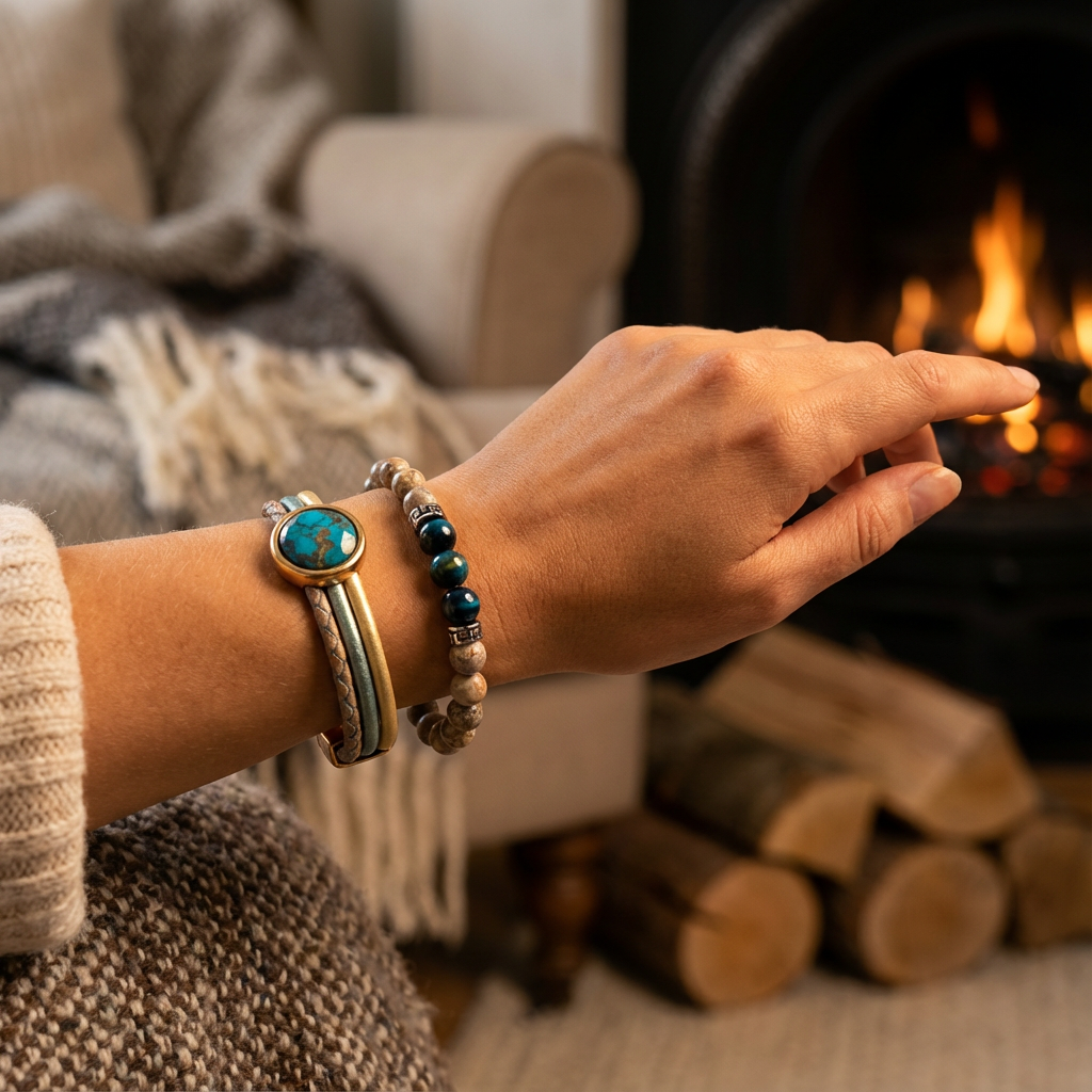 elastische edelsteen armband met rvs spacers, bruine regen jaspis en blauwe tijgeroog kralen