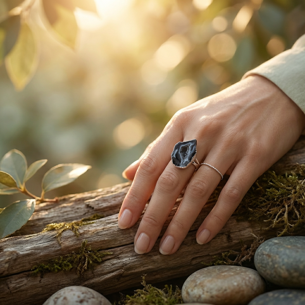 verzilverde ring met agaat edelsteen. verstelbaar/ one size.
