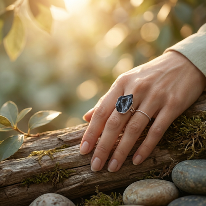 verzilverde ring met agaat edelsteen. verstelbaar/ one size.
