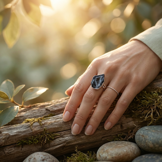 verzilverde ring met agaat edelsteen. verstelbaar/ one size.