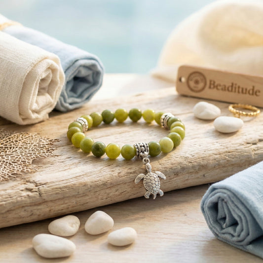 elastische edelsteen armband met rvs onderdelen en schildpad bedel en groene jade kralen