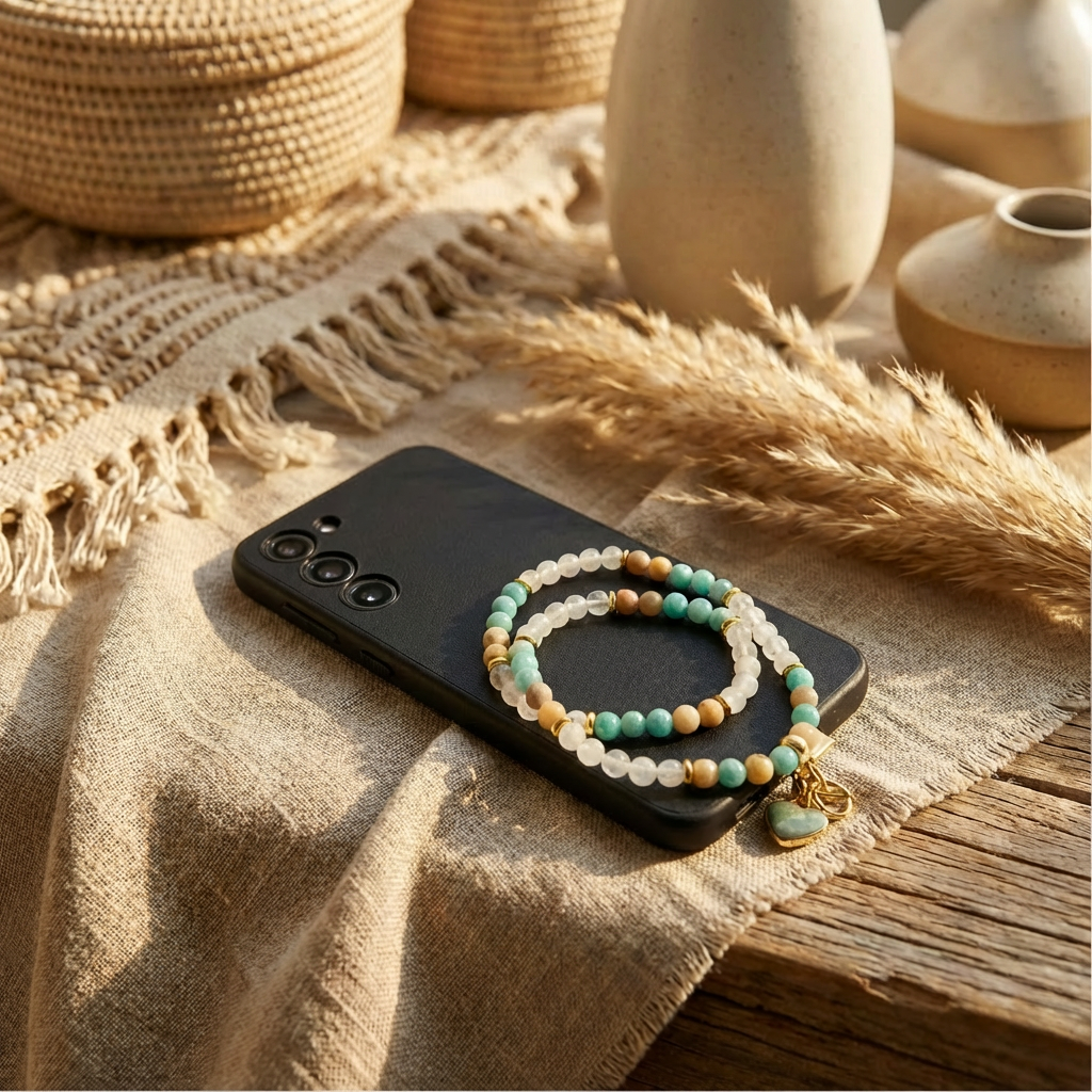 elastisch telefoonkoord met gouden accenten, amazoniet hartje, 6mm maansteen, amazoniet en  zonnesteen kralen