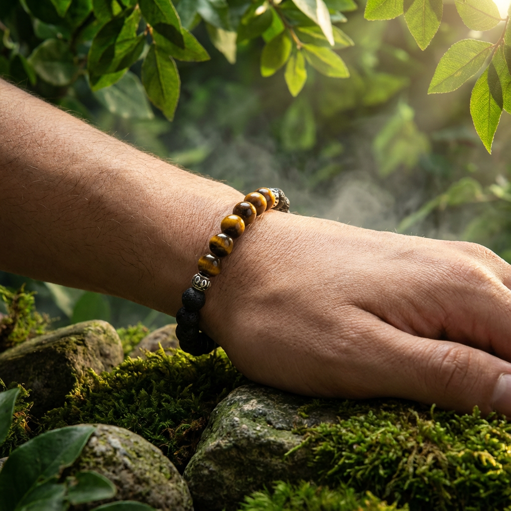 Elastische edelsteen armband met lavasteen en tijgeroog kralen en rvs kralen.